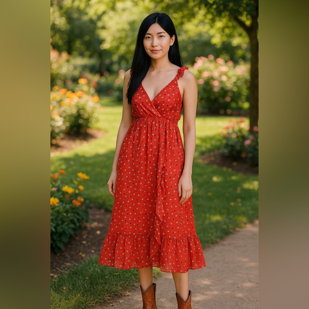NWT J.Crew Red Floral Ruffle Midi Dress Size 2